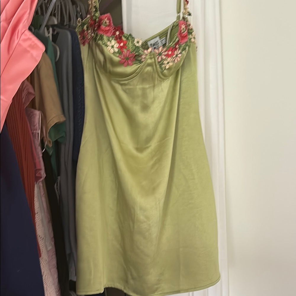 Green Slip Dress with Floral Embroidery